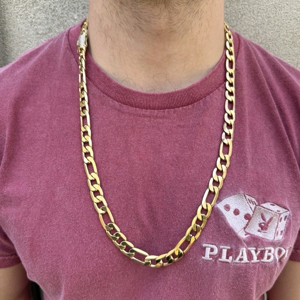 14k Gold Plated Steel 12mm Figaro Chain W. Iced CZ Clasp 30” Chain - Picture 6 of 6